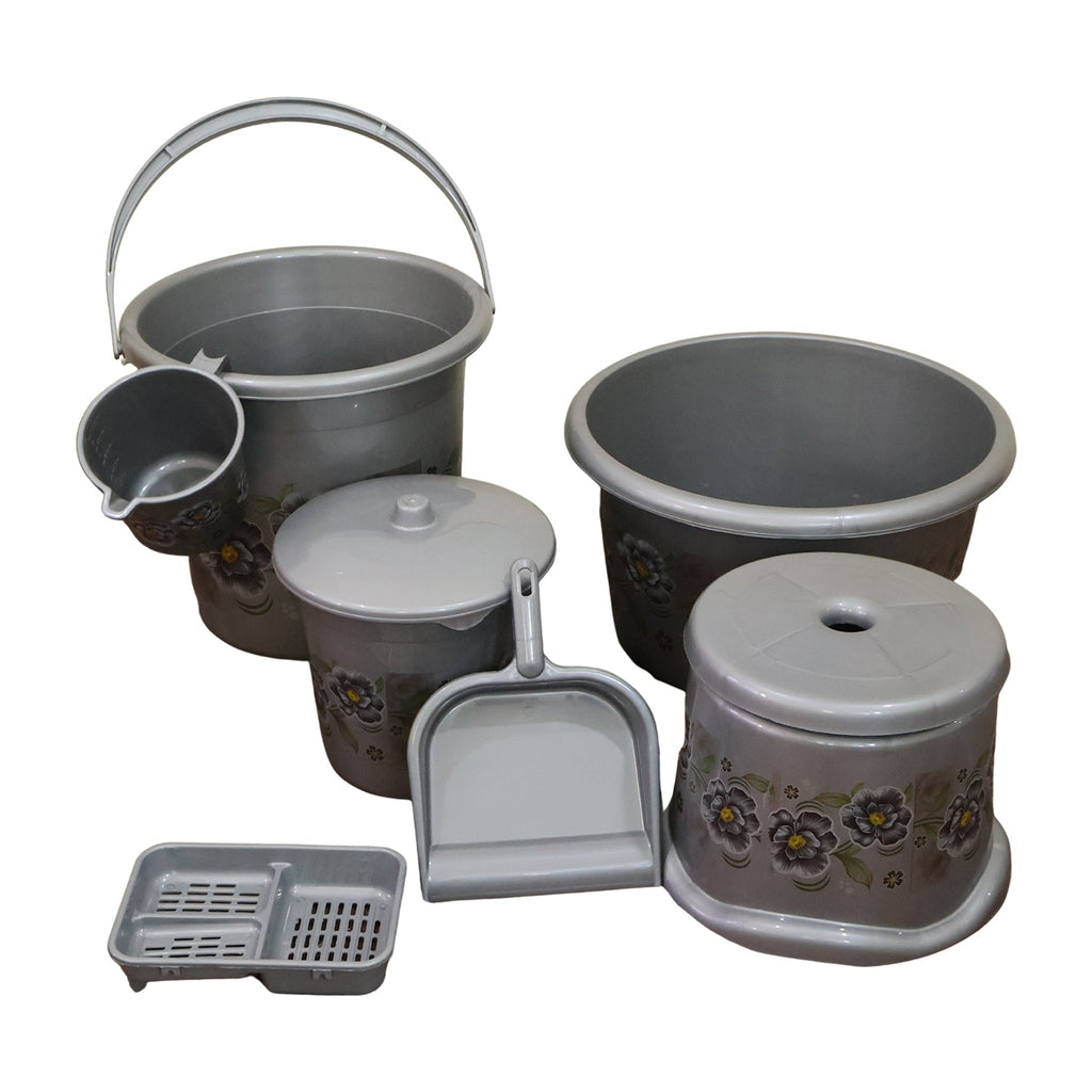Gray plastic bathroom organizer set with buckets, lidded container, small cups, and tray