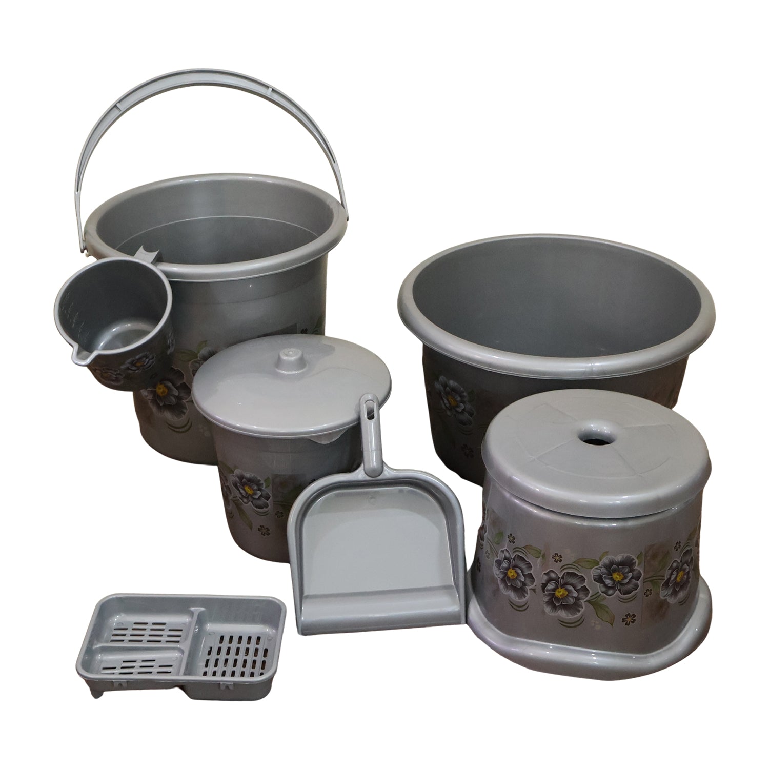 Gray plastic bathroom organizer set with buckets, lidded container, small cups, and tray