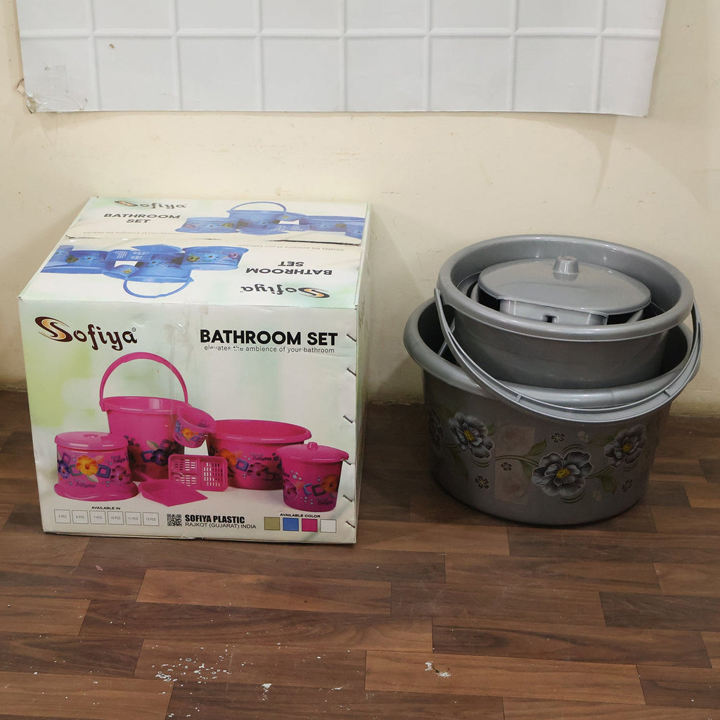 Sofiya Bathroom Set box with gray floral plastic organizers and stacked buckets