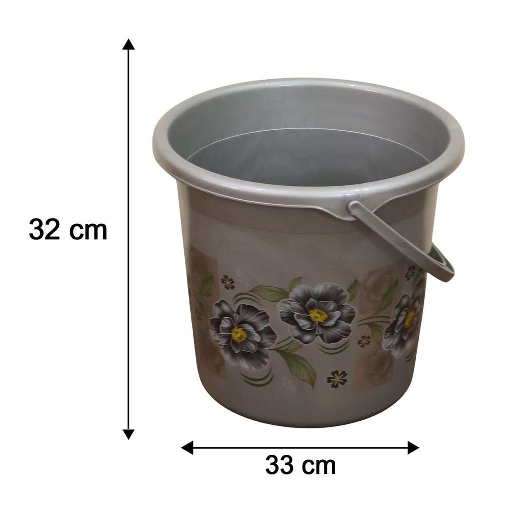Gray plastic floral storage bucket with handle, size shown as 33 x 32 cm