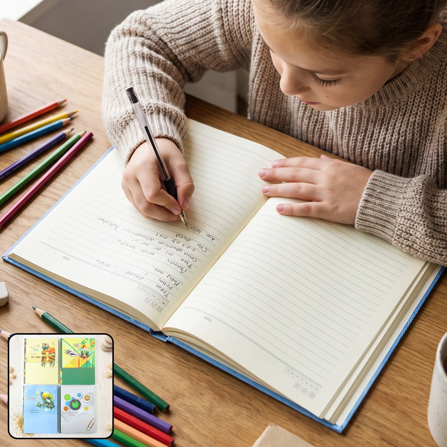 Hardbound ruled diary open with lined pages and blue cover edge