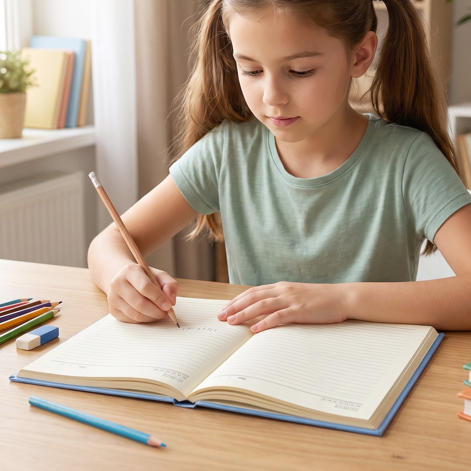 Hardbound ruled diary open on desk with lined pages, child writing with pencil