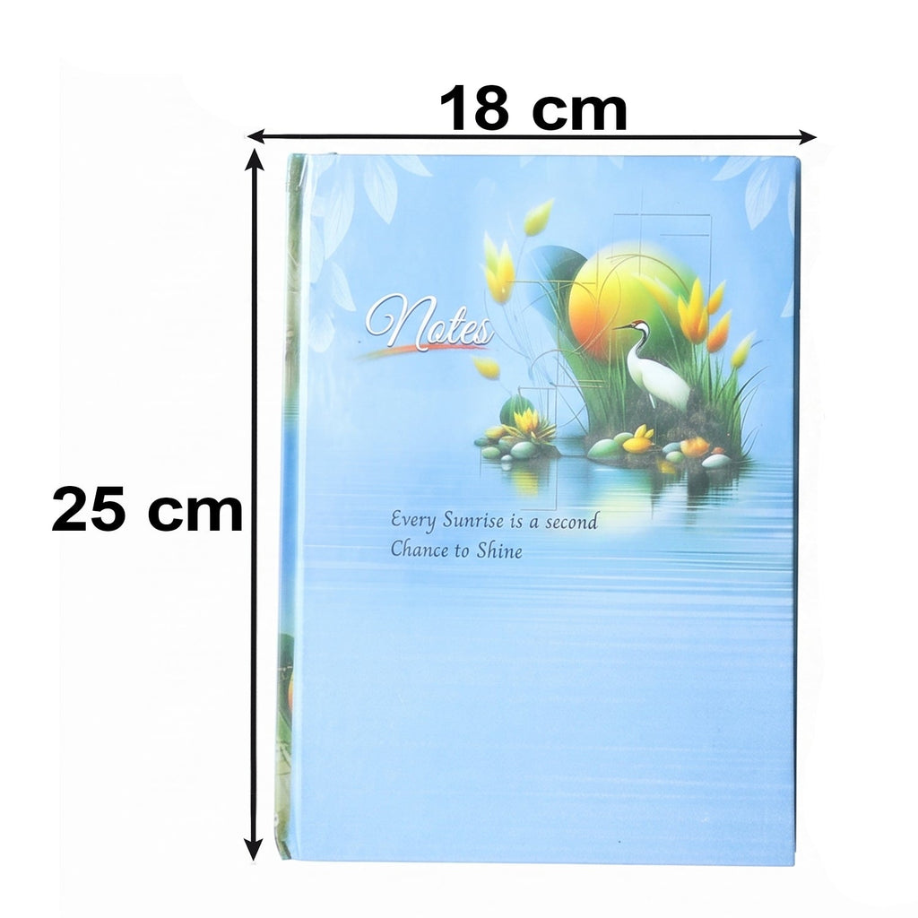 Blue hardbound notebook with illustrated cover shown with 18 cm x 25 cm size