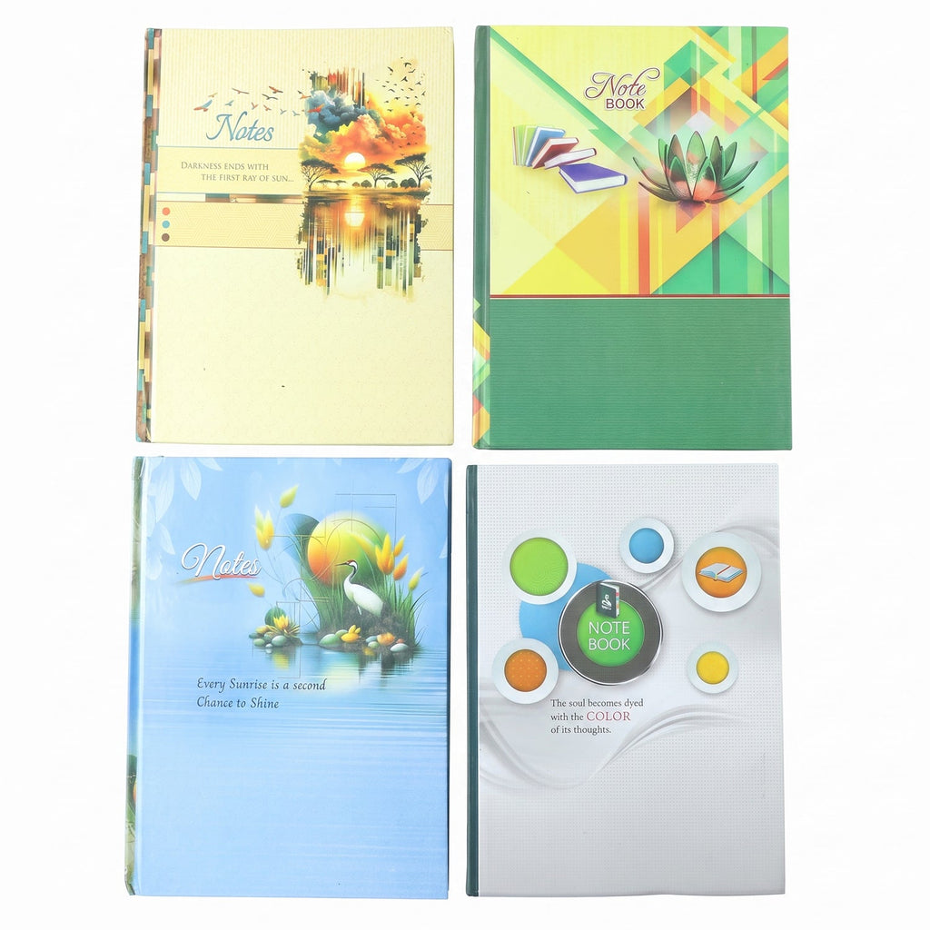 Set of four hardbound notebooks with illustrated covers in multiple colors