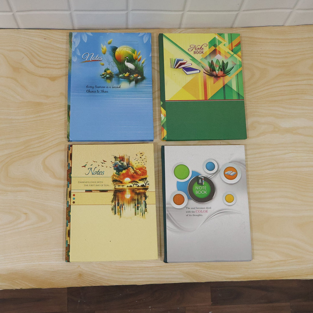 Four hardbound notebooks with illustrated covers in blue, green, and yellow tones