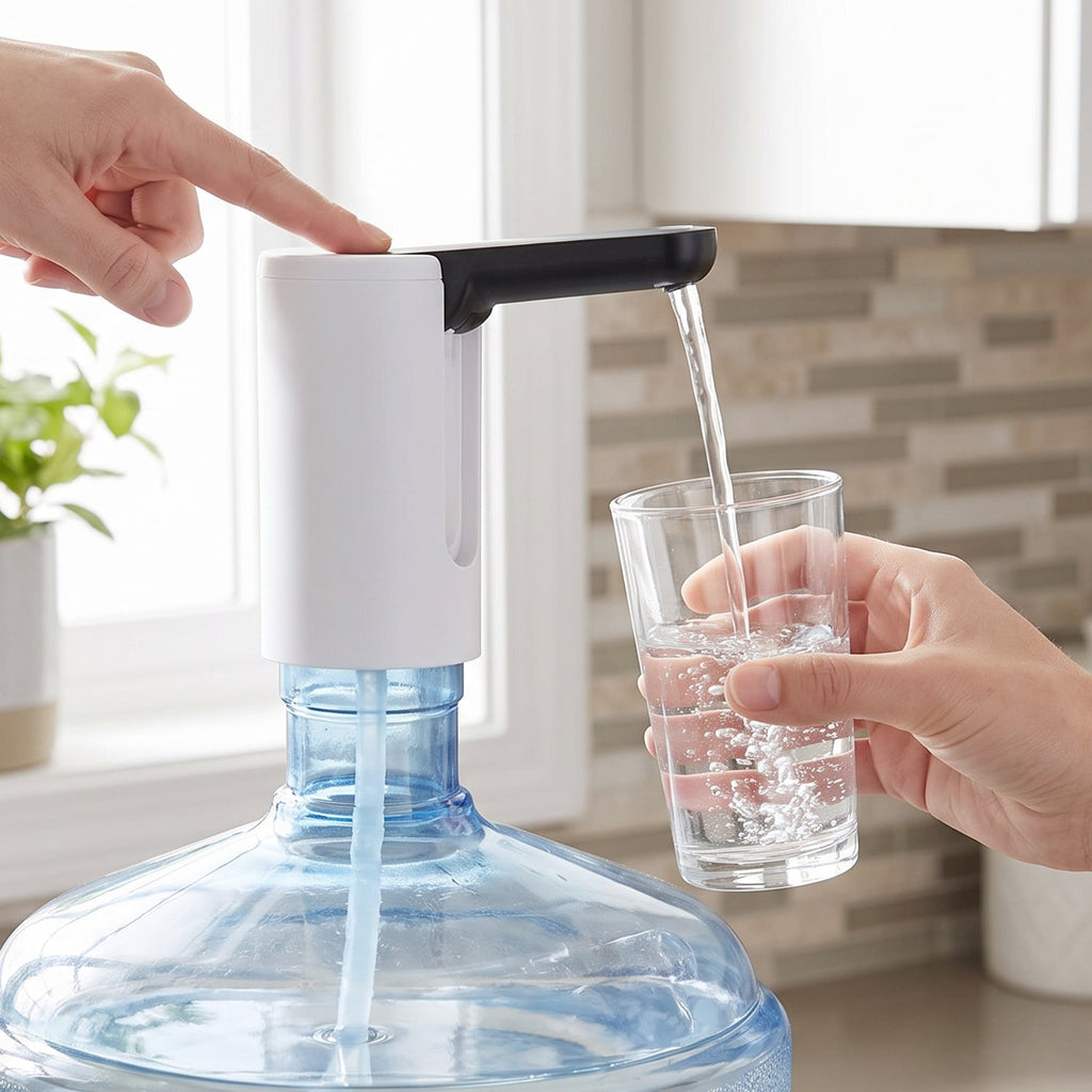 White water pump dispensing water from spout into drinking glass, hands shown