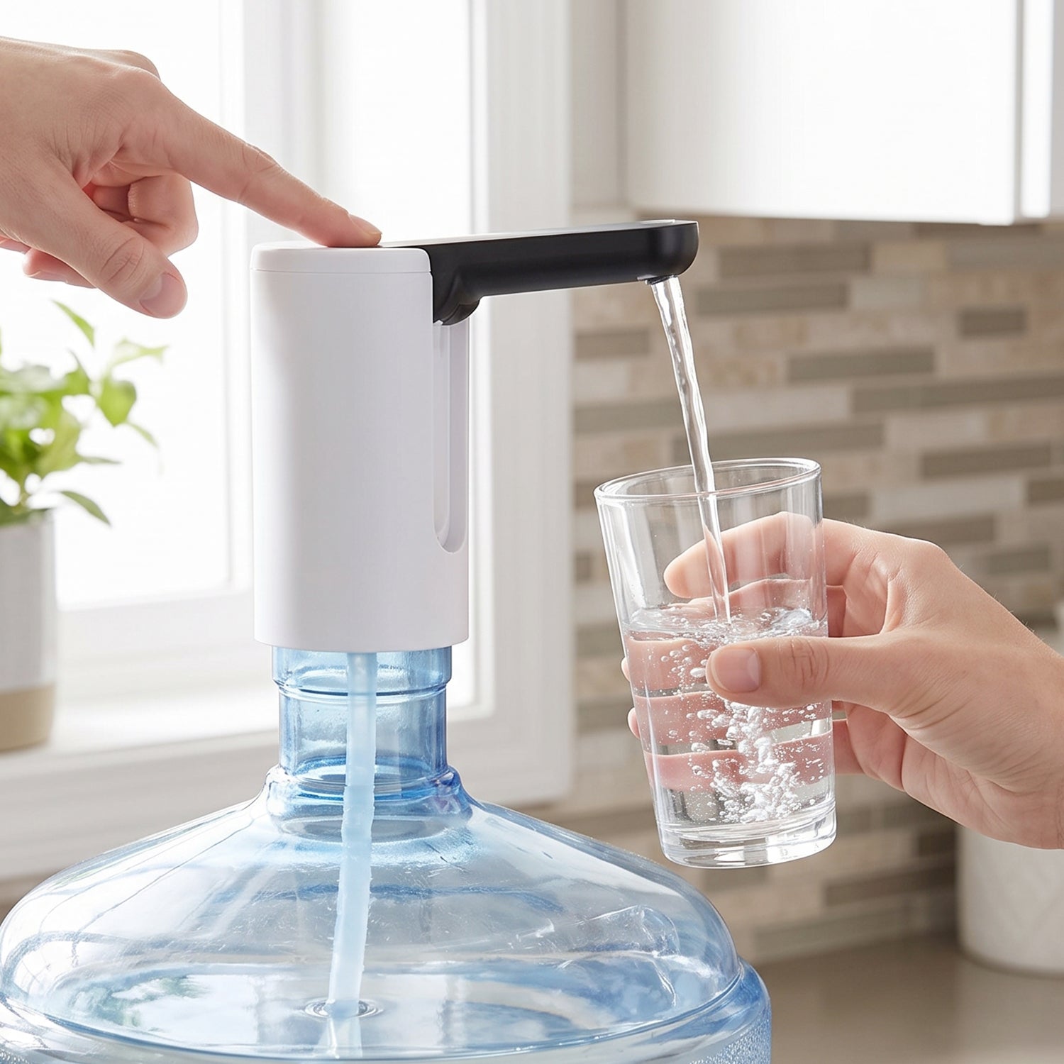 White water pump dispensing water from spout into drinking glass, hands shown