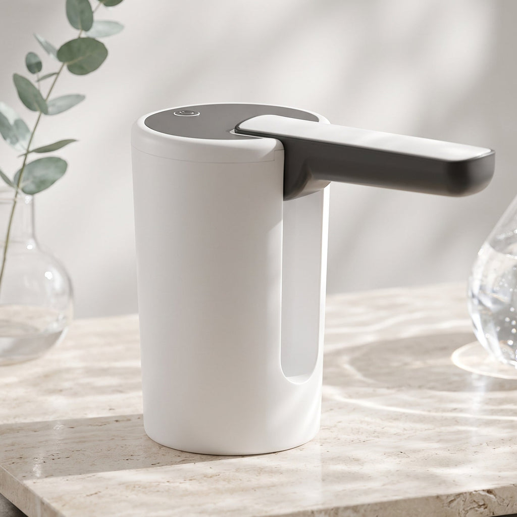 White electric water dispenser pump with horizontal spout on countertop