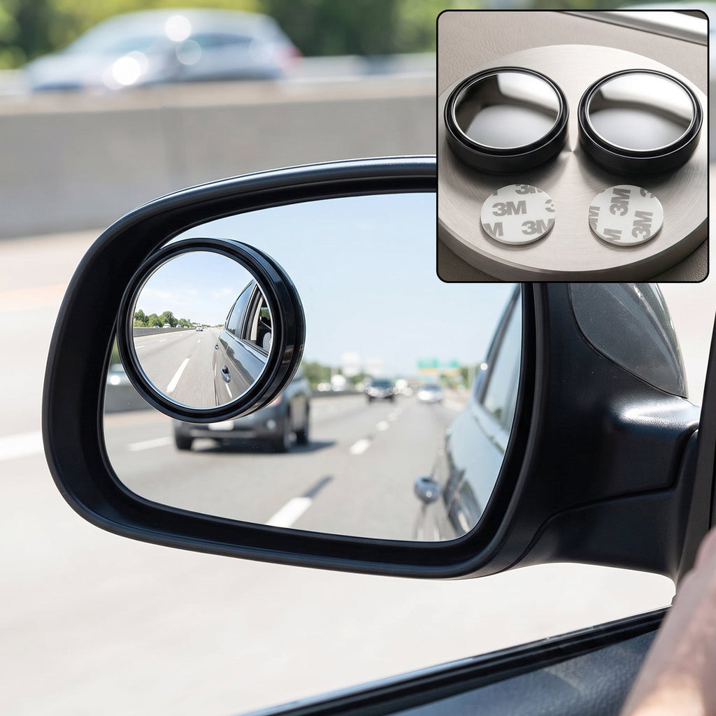 Round wide-angle blind spot car mirror set, black trim, two-piece adhesive mount