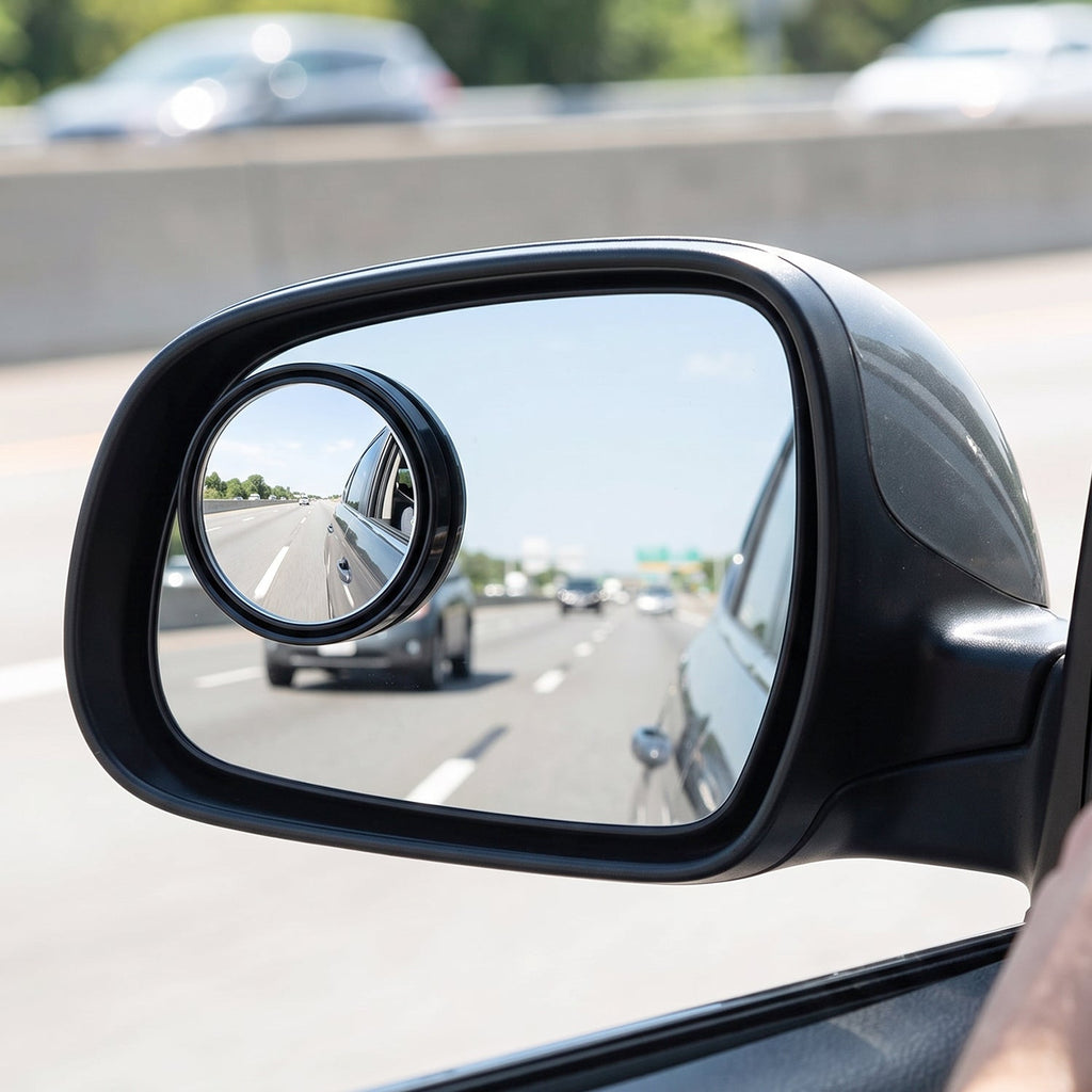 Round wide-angle blind spot mirror, black frame, attached to car side