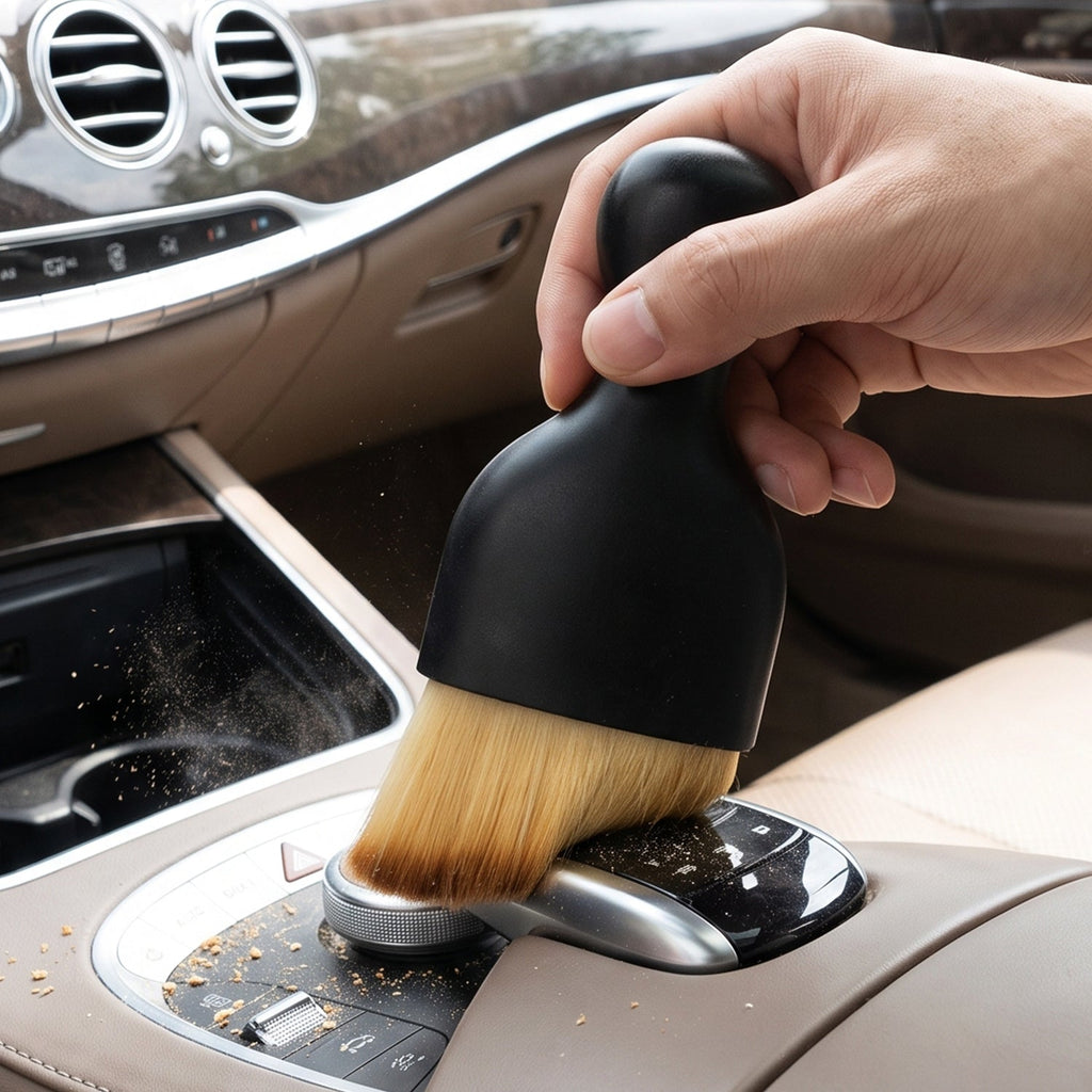Mini car interior cleaning brush scrubbing dusty console with black handle and tan bristles