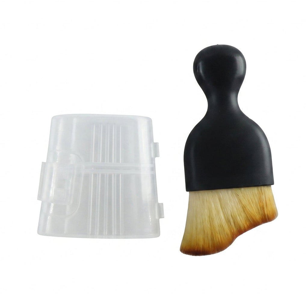 Mini car interior cleaning brush with black handle, tan bristles, and clear protective cap