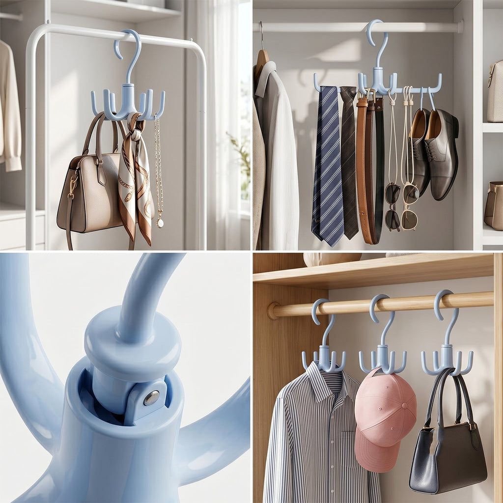 Light blue rotating hook hanger with multiple hooks for hats and accessories
