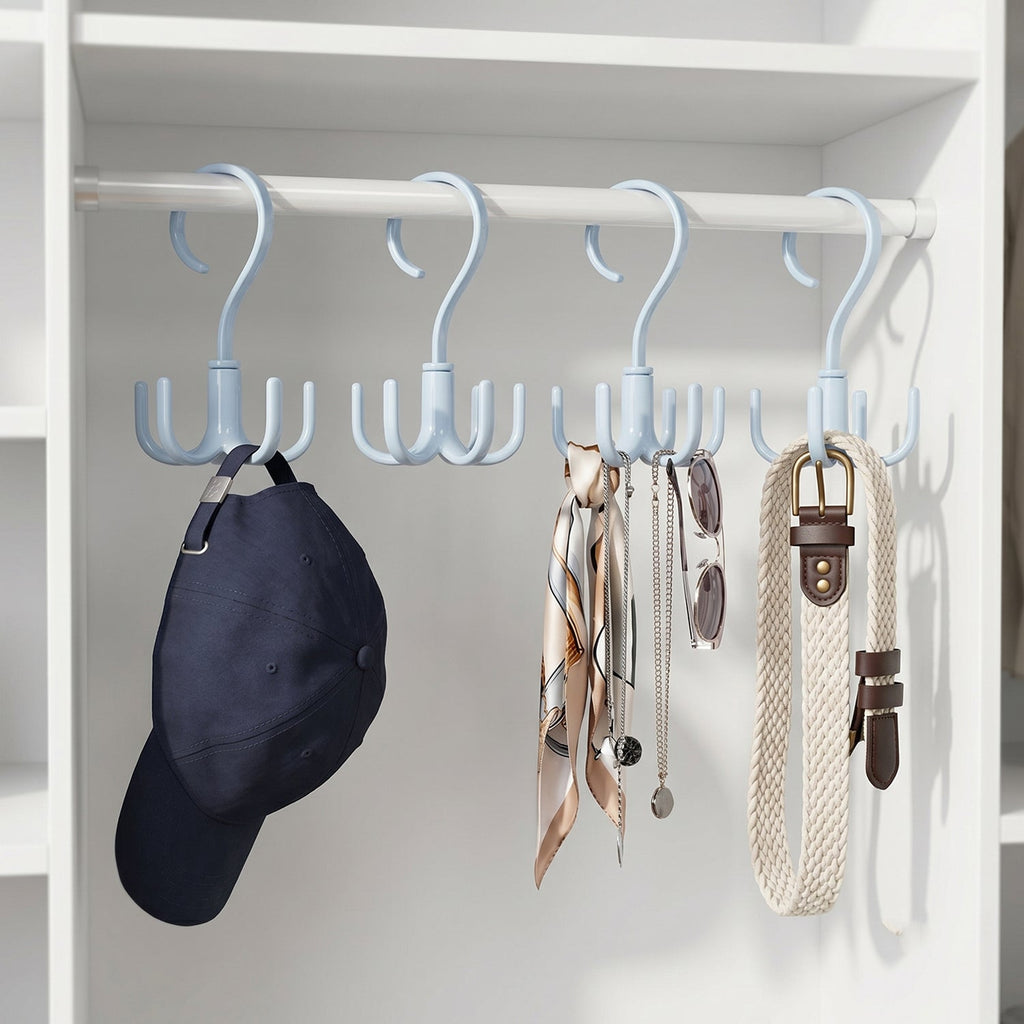 Light blue multi-hook rotating hanger for hats, bags, belts, or accessories