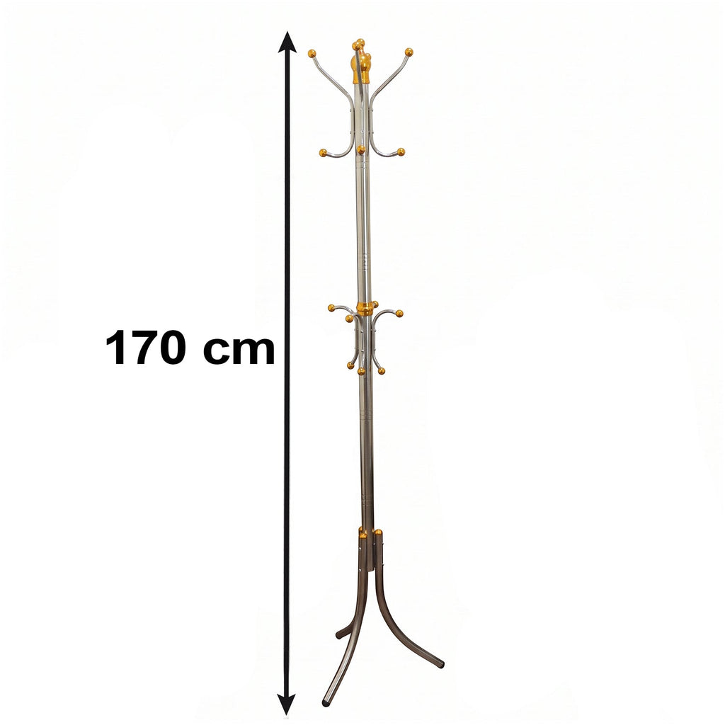 Standing coat rack with multi hooks, gold tips, silver pole and curved base, 170 cm