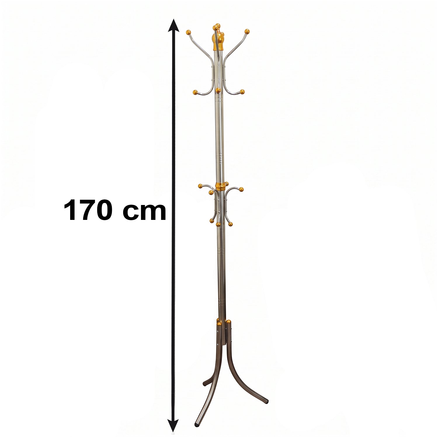Standing coat rack with multi hooks, gold tips, silver pole and curved base, 170 cm