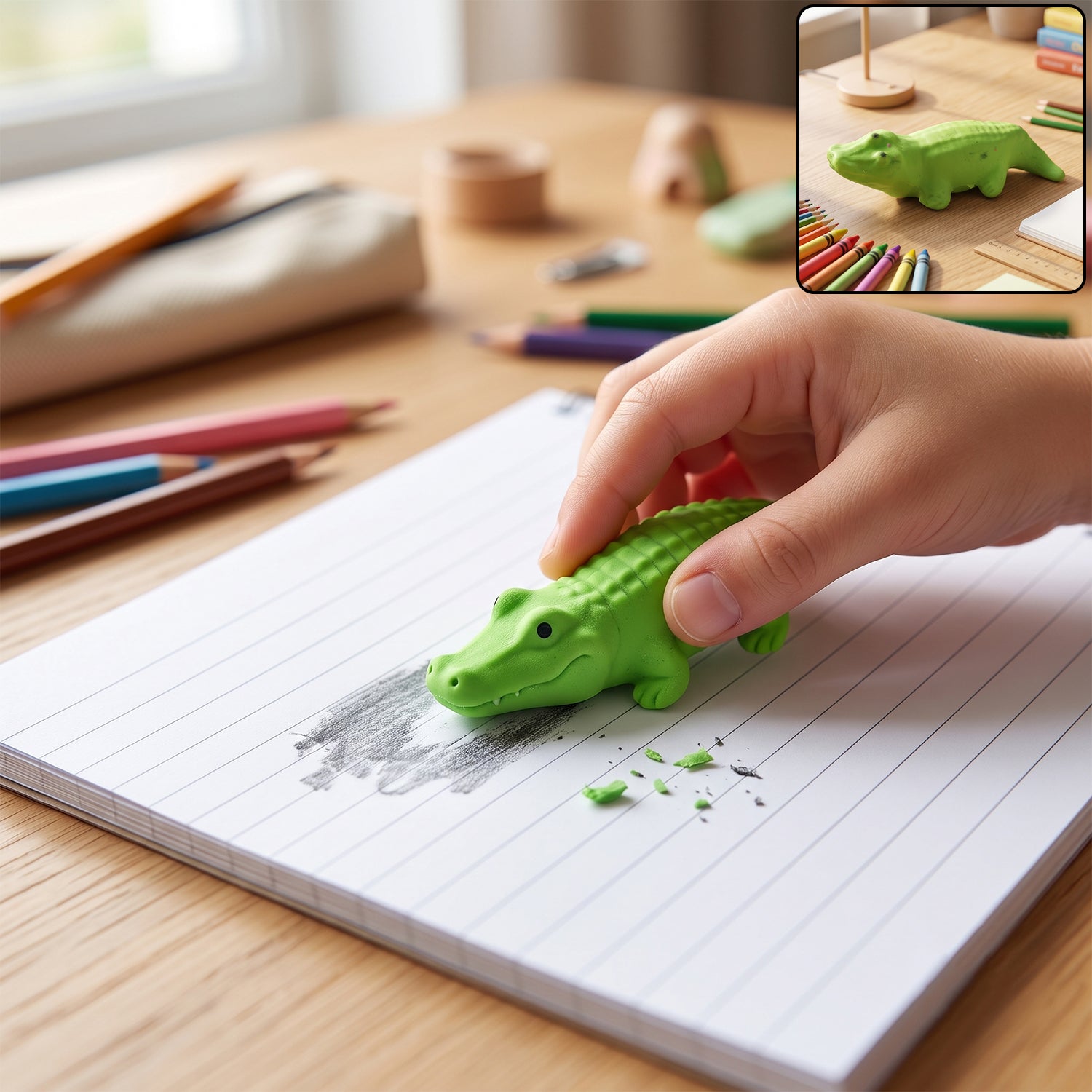 Green crocodile-shaped eraser with hand pressing it on a scribbled notebook page