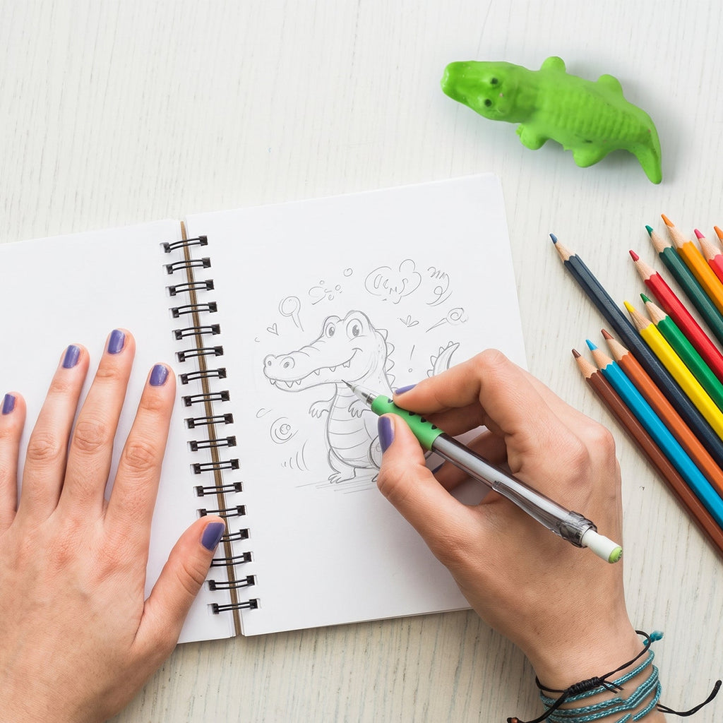 Crocodile-shaped eraser used while drawing in an open spiral sketchbook