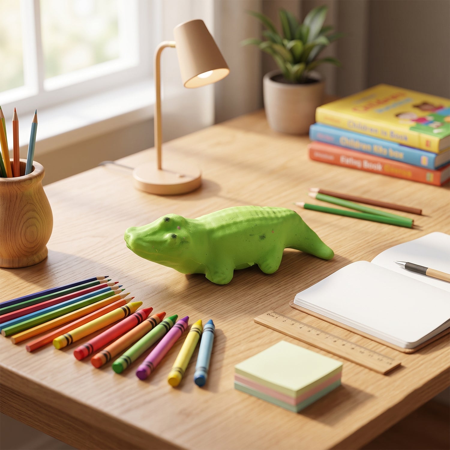 Green crocodile eraser on a desk near colored pencils and a blank notebook