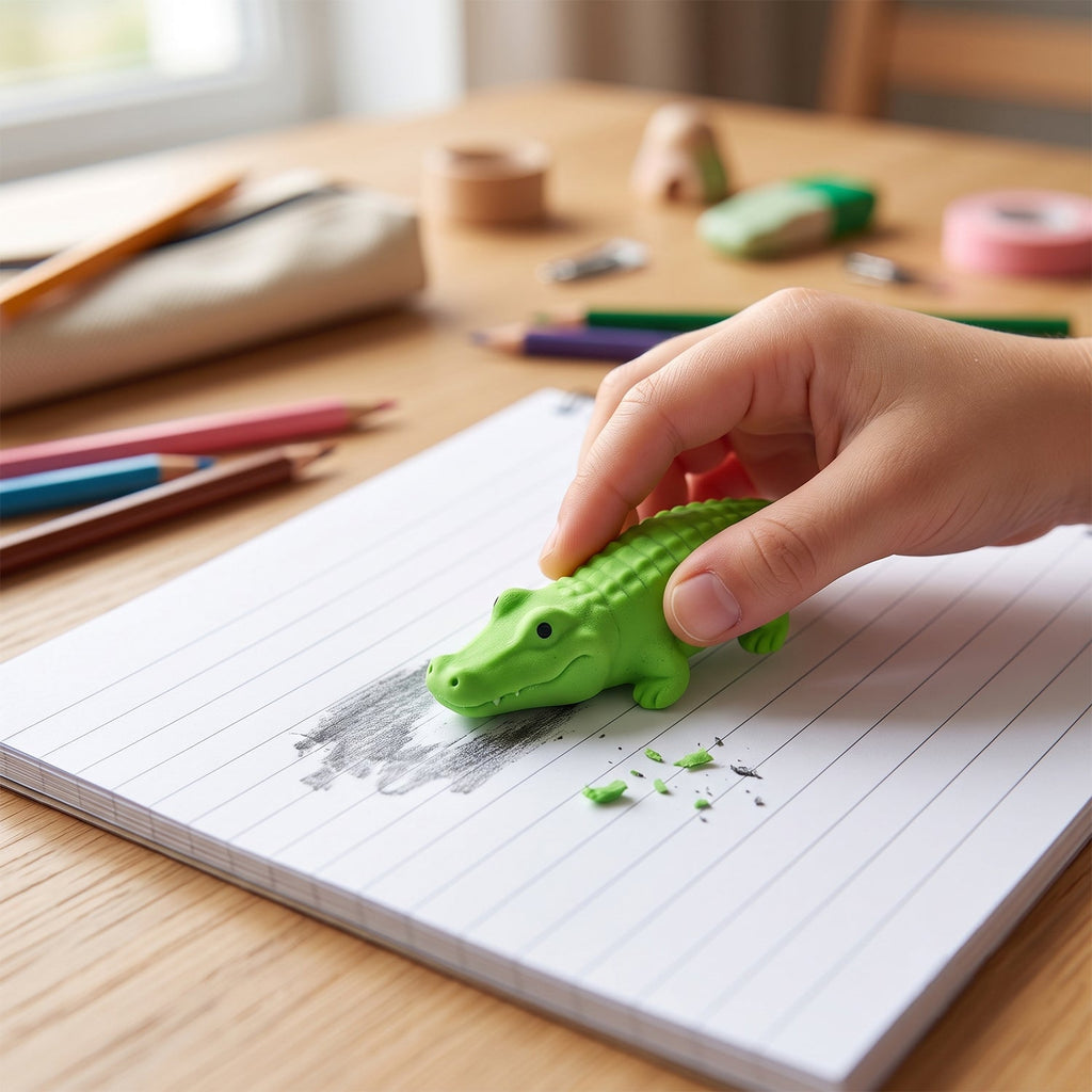 Hand using a green crocodile eraser to rub out marks on lined notebook paper