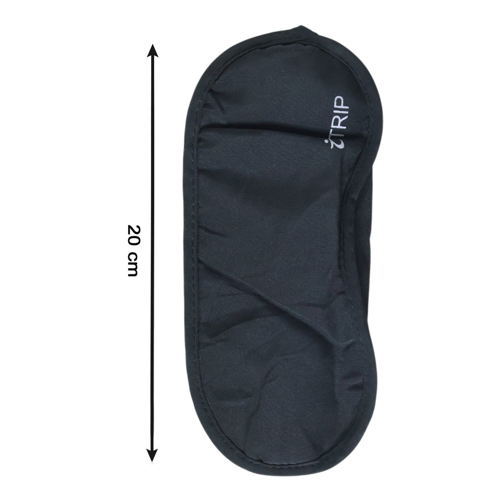 Folded black sleep eye mask, soft padded design; 20 cm size shown