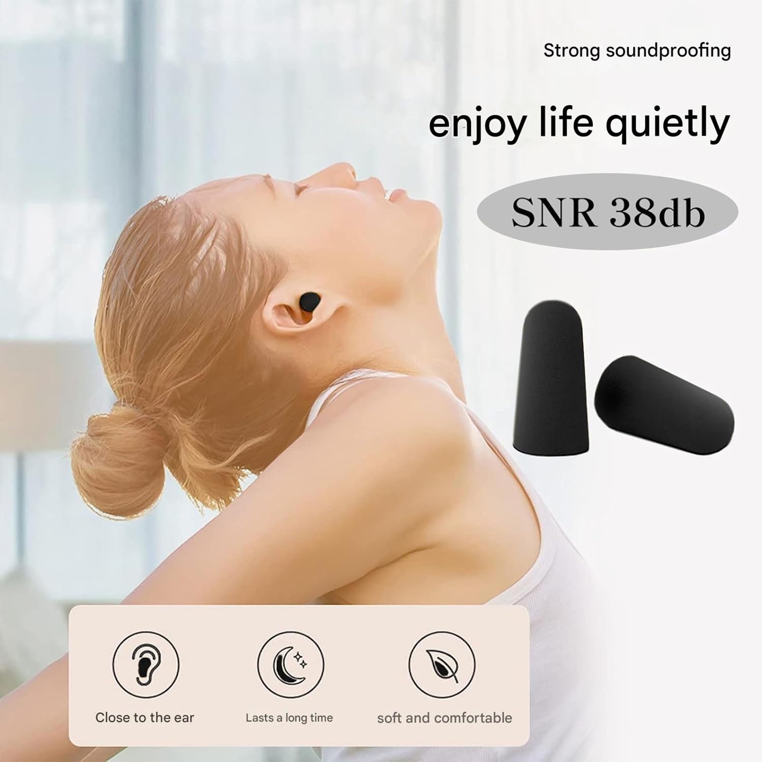 Soft black earplugs in a child’s ears, noise-reduction comfort set