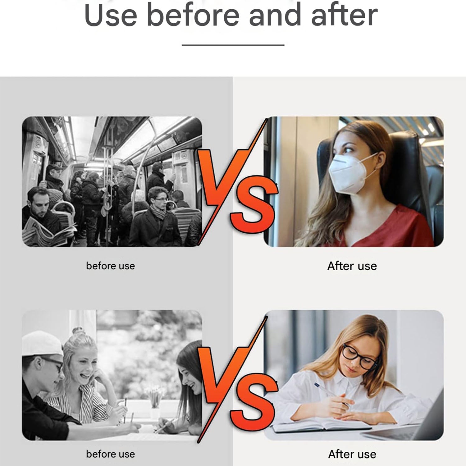 Earplug before-and-after comparison icons for noise reduction