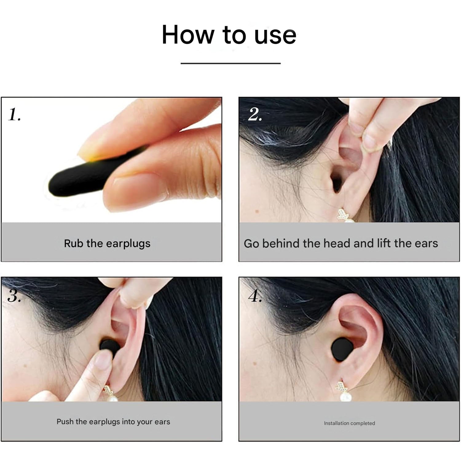 Foam earplugs installation steps shown with hand placement icons