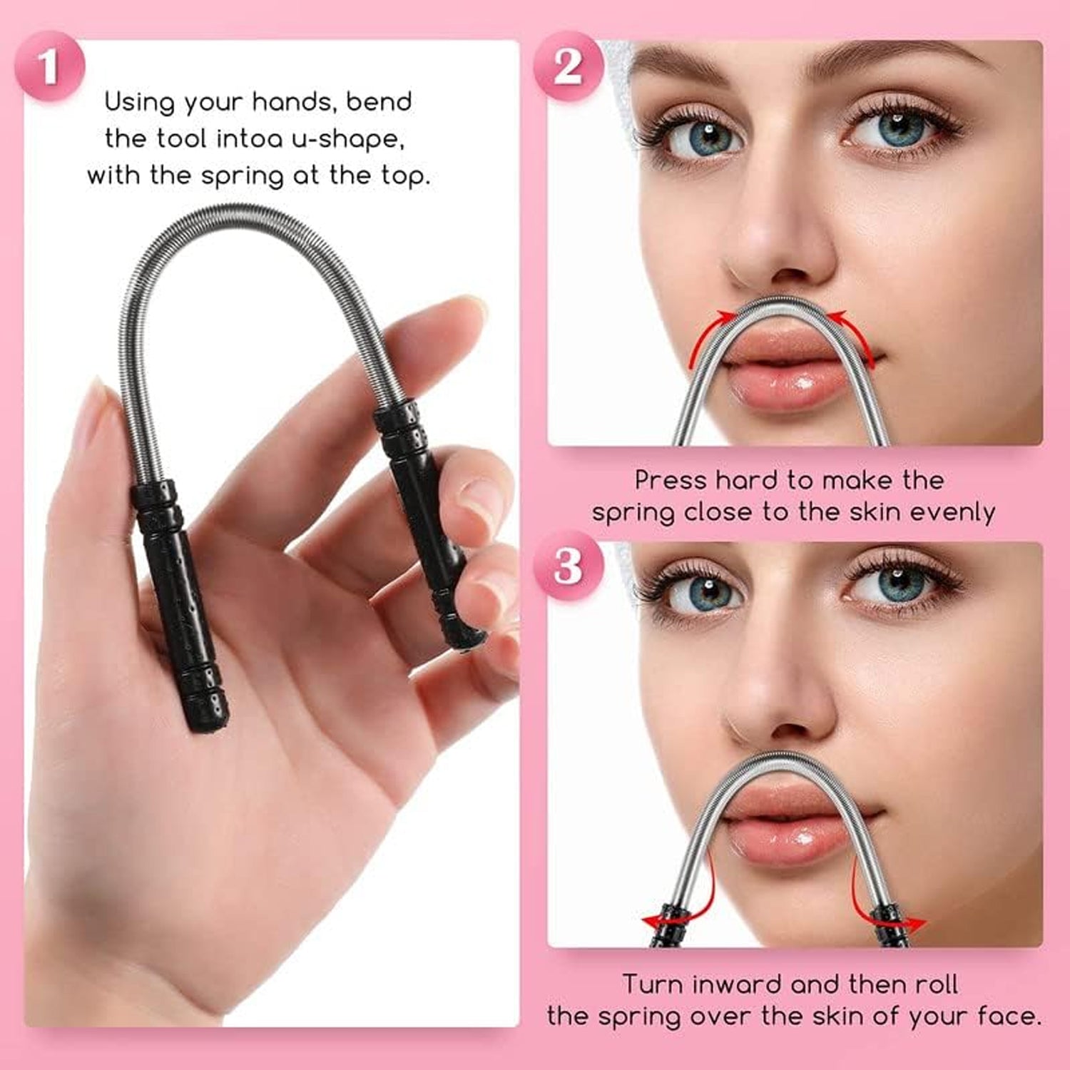 Facial hair spring epilator shown with numbered usage steps on a graphic