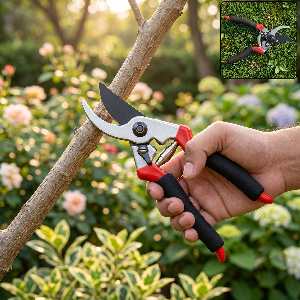 Bypass pruner with black handles and red grips, cutting blades on a branch