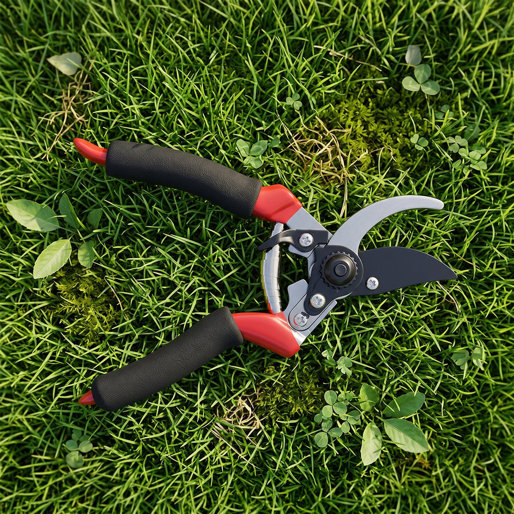 Bypass pruner lying on green grass, red and black handles and curved cutting blades