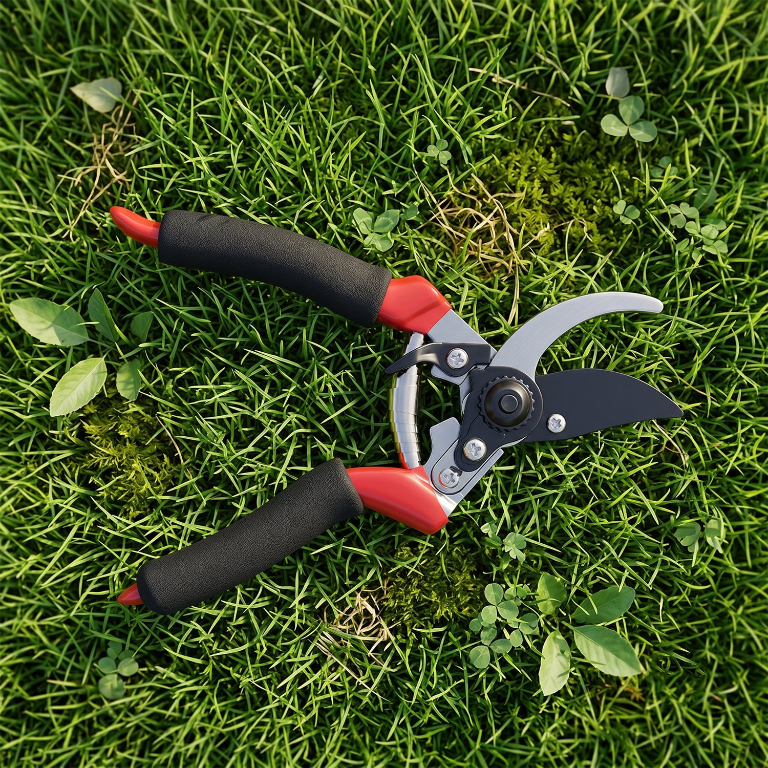 Bypass garden pruner with black handles and red grips, stainless steel blades