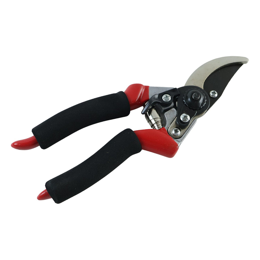 Stainless bypass pruner with black handles and red/red trim, curved cutting blades