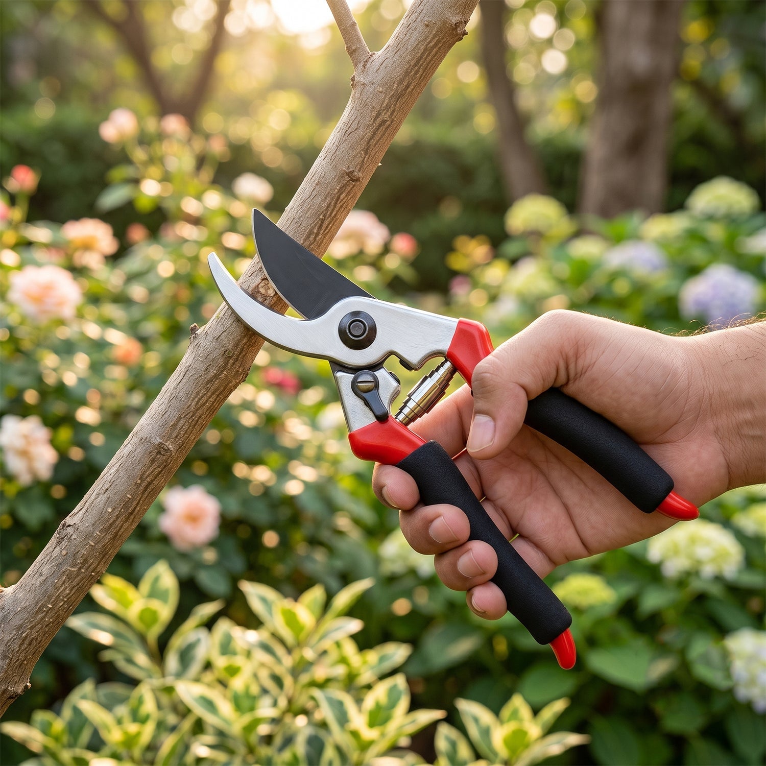 Hand-held bypass pruner cutting a wood branch; black-red handle and steel blade