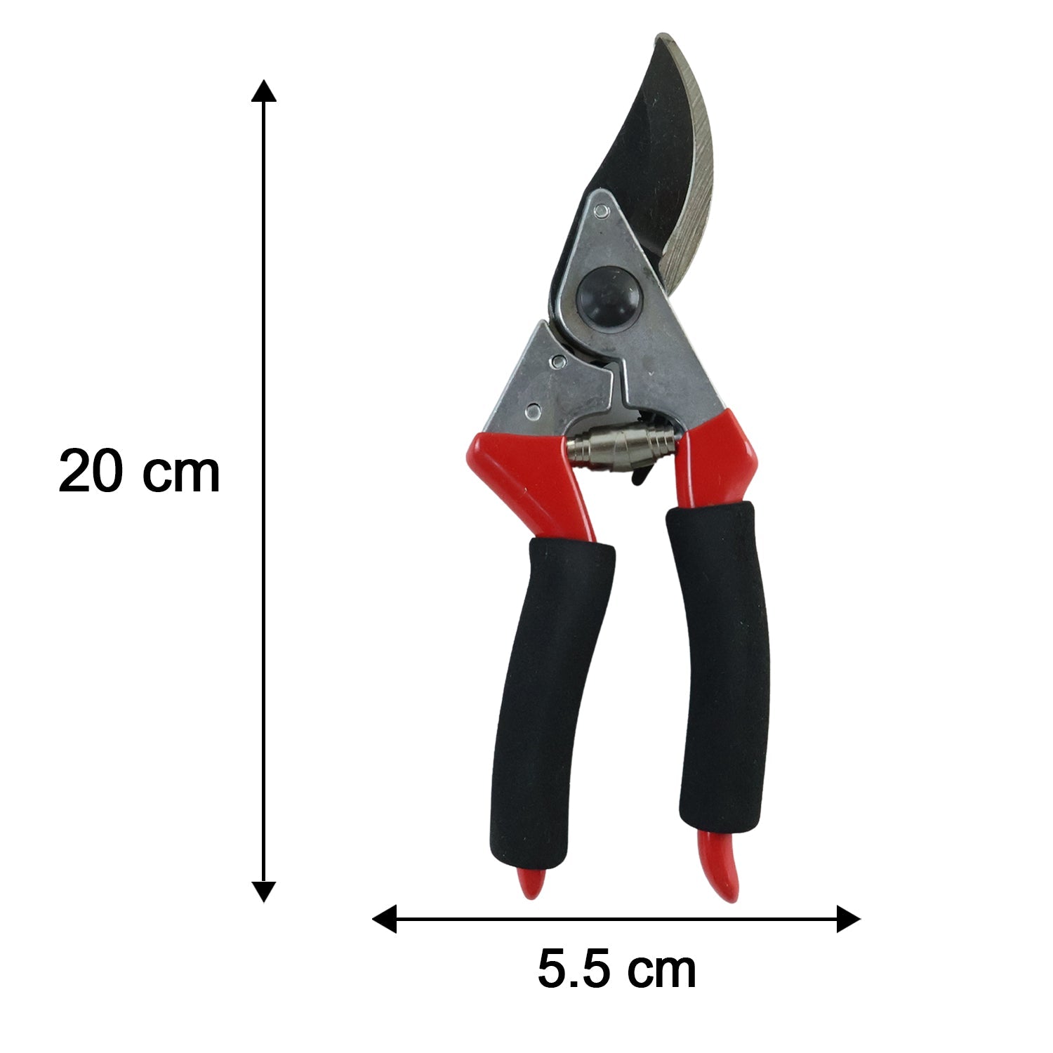 Bypass pruner size diagram: 20 cm tall, 5.5 cm wide; black-red handles