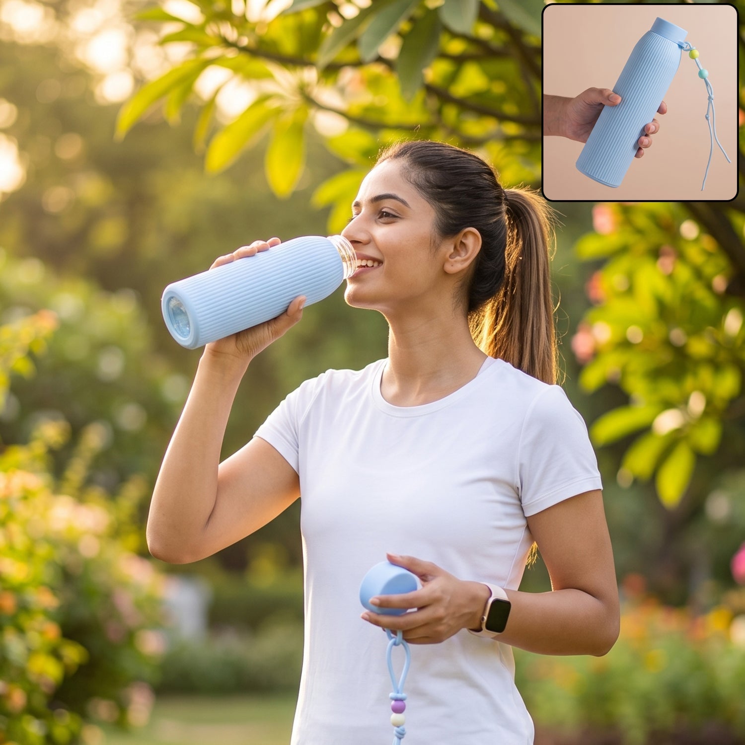 Light blue ribbed glass water bottle with silicone lid and carry loop, in use