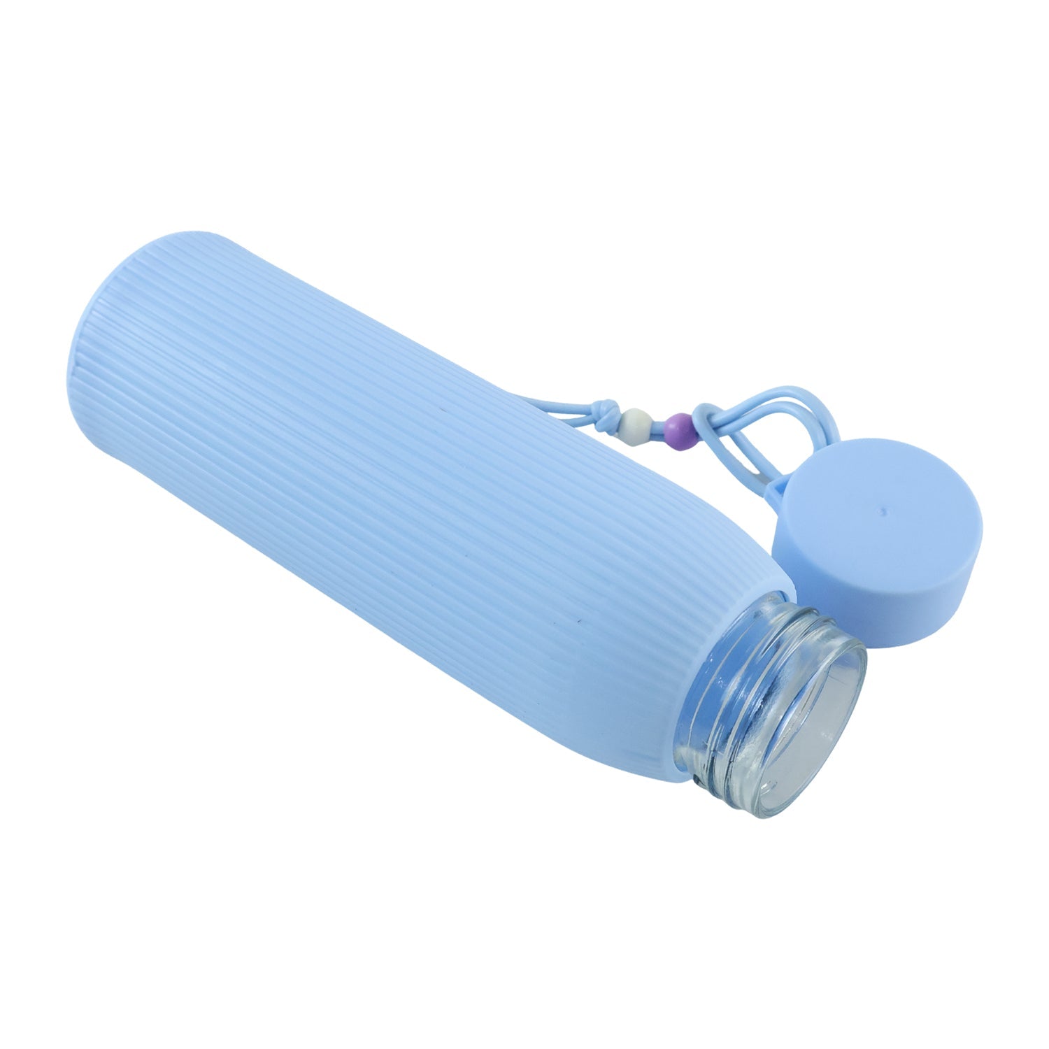 Light blue ribbed glass water bottle with clear glass body and silicone lid
