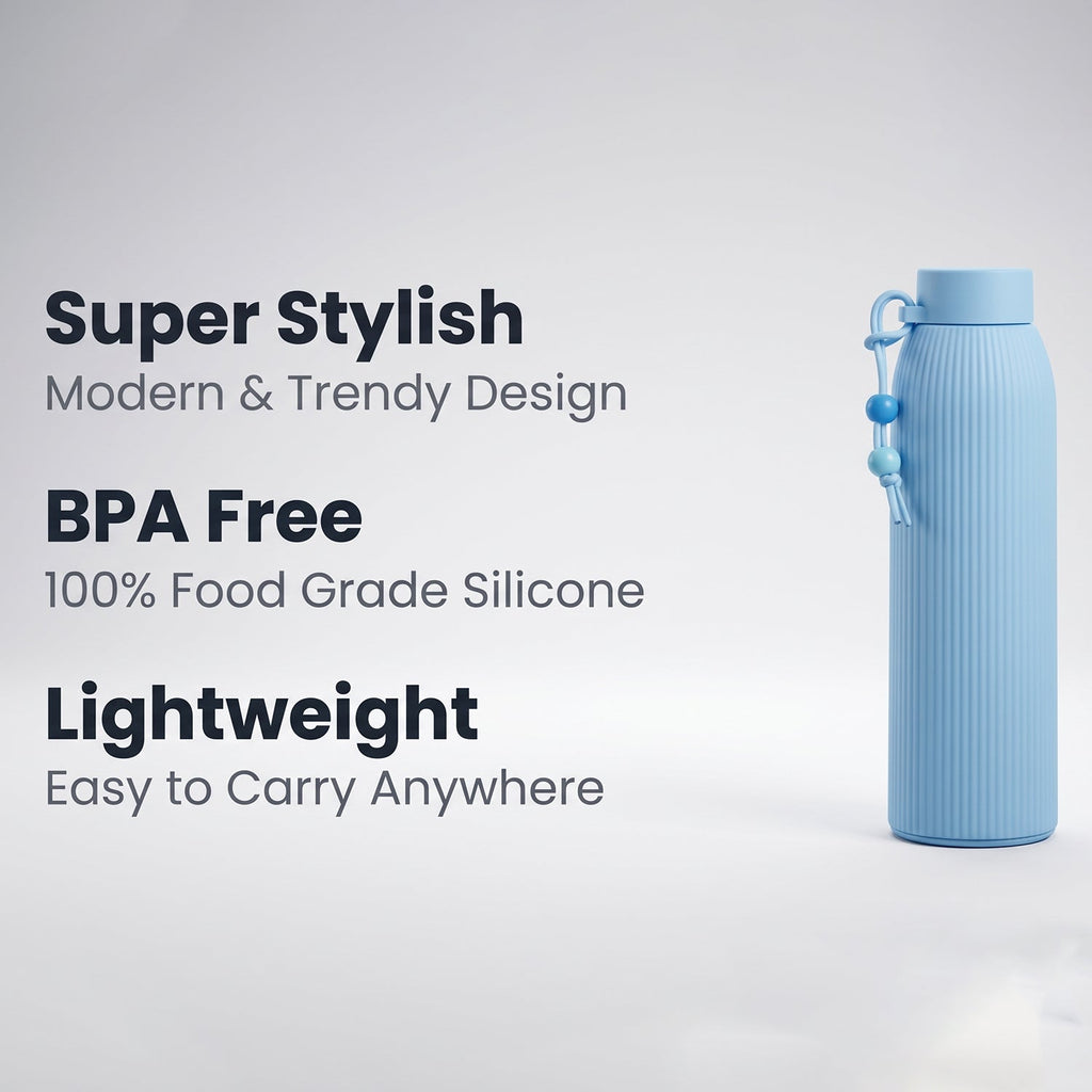 Light blue ribbed glass water bottle with silicone carry loop and beaded cord