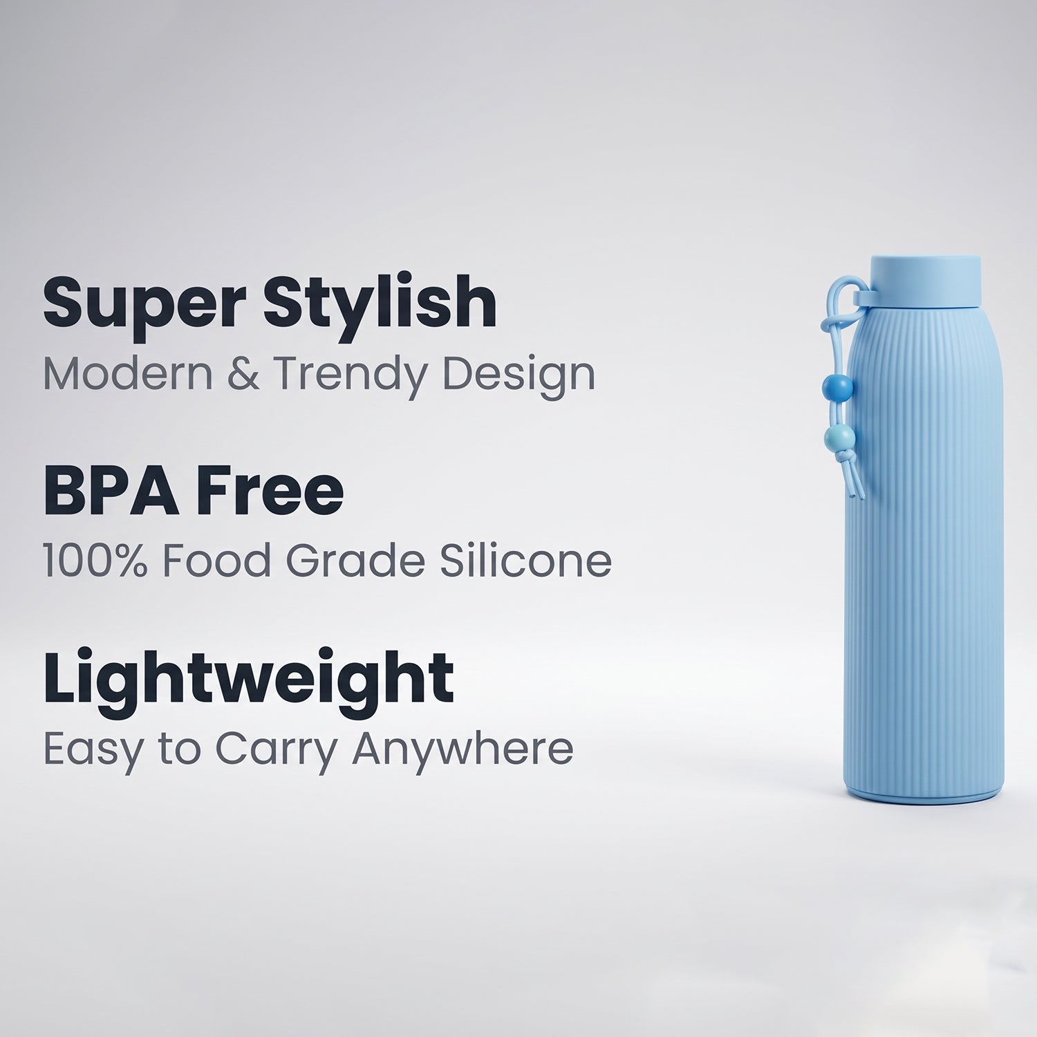 Light blue ribbed glass water bottle with silicone carry loop and beaded cord