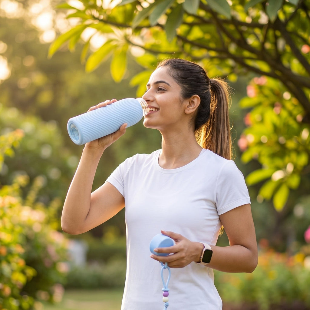 Light blue ribbed glass water bottle with silicone lid and carry loop, person drinking