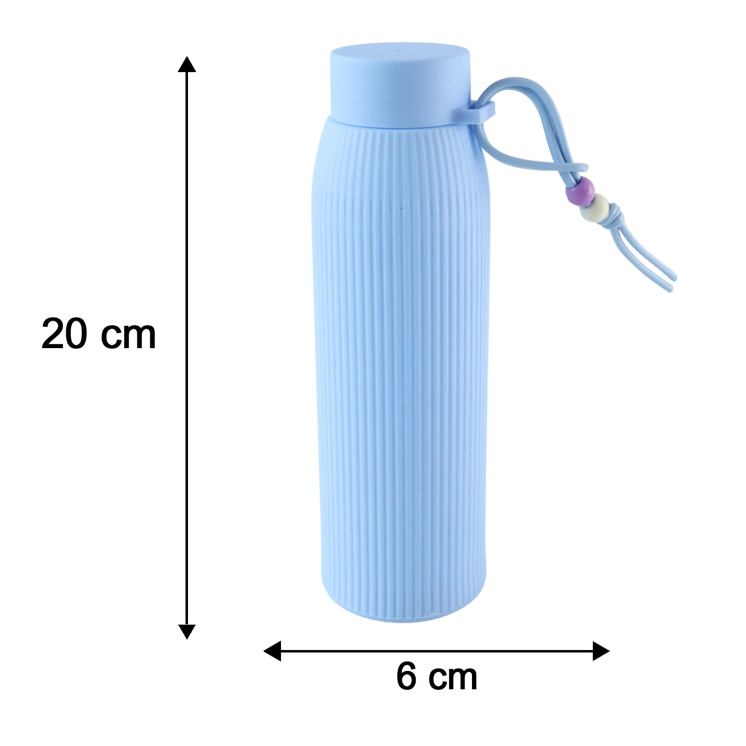 Light blue ribbed glass water bottle, 20 cm tall and 6 cm wide, silicone lid