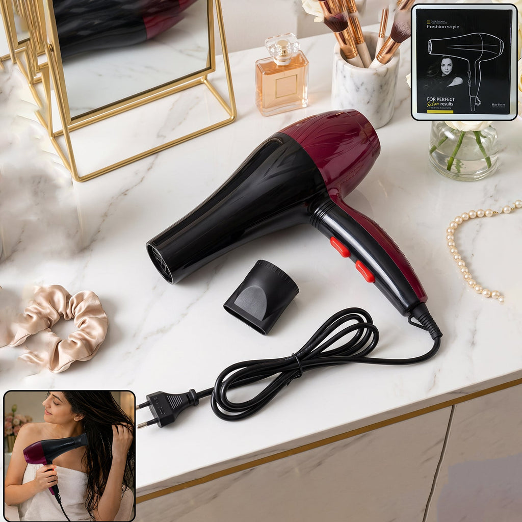 Black and burgundy professional hair dryer with concentrator nozzle and cord