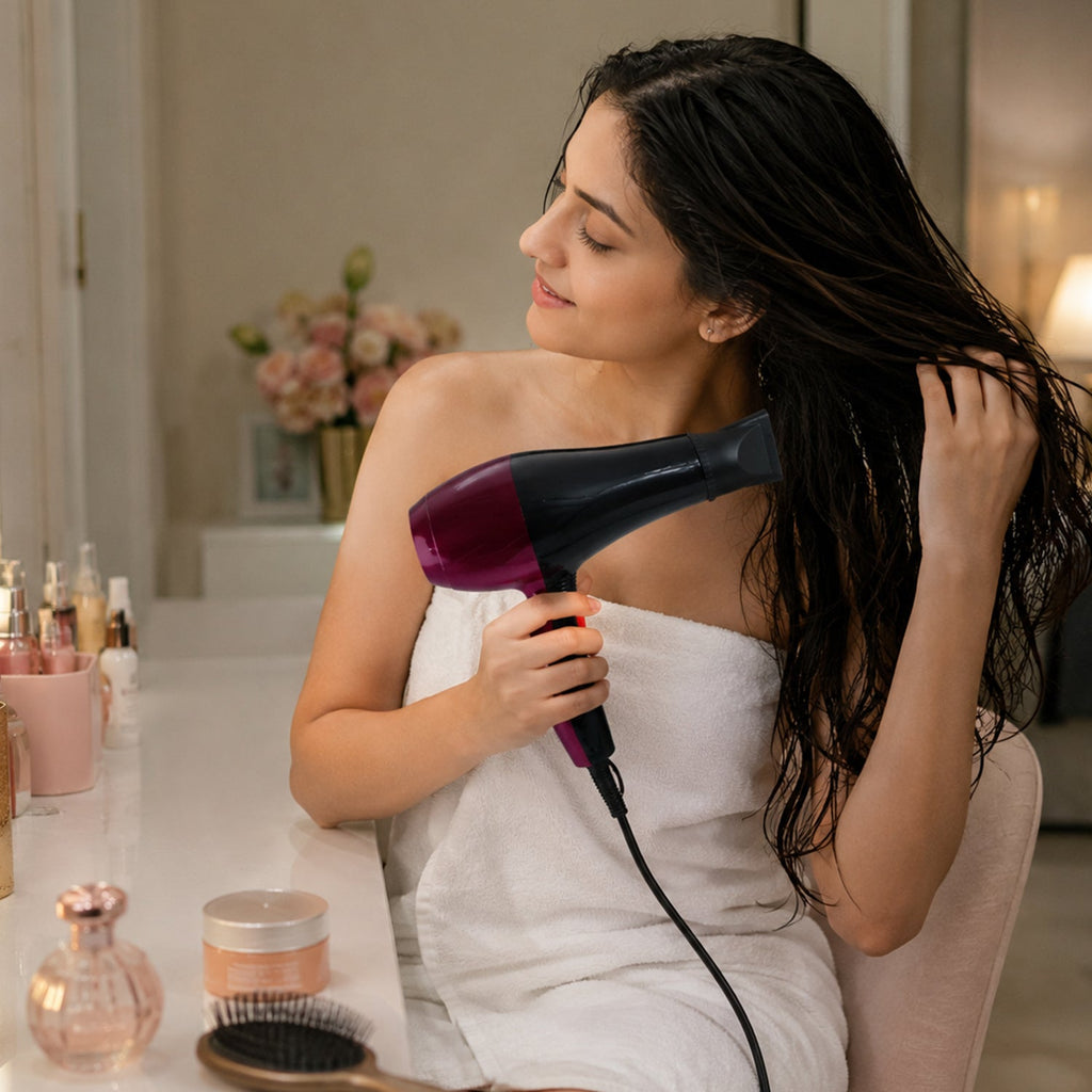Black and burgundy hair dryer held to dry wet hair