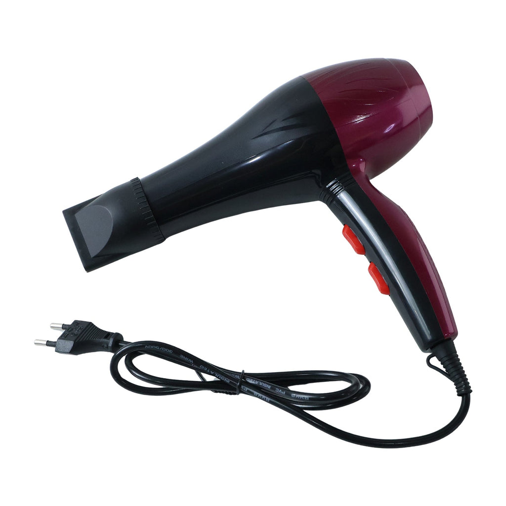 Black and burgundy hair dryer with concentrator nozzle and power cord