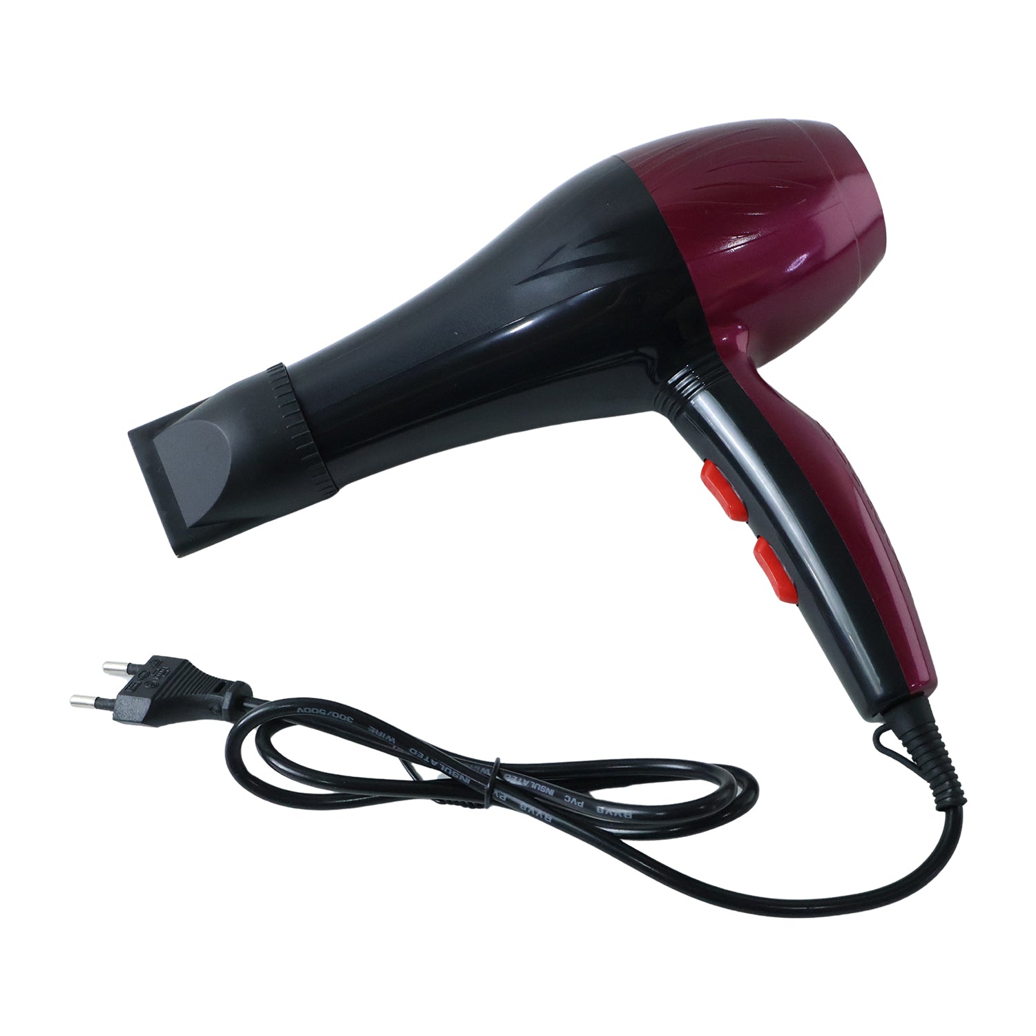 Black and burgundy hair dryer with concentrator nozzle and power cord