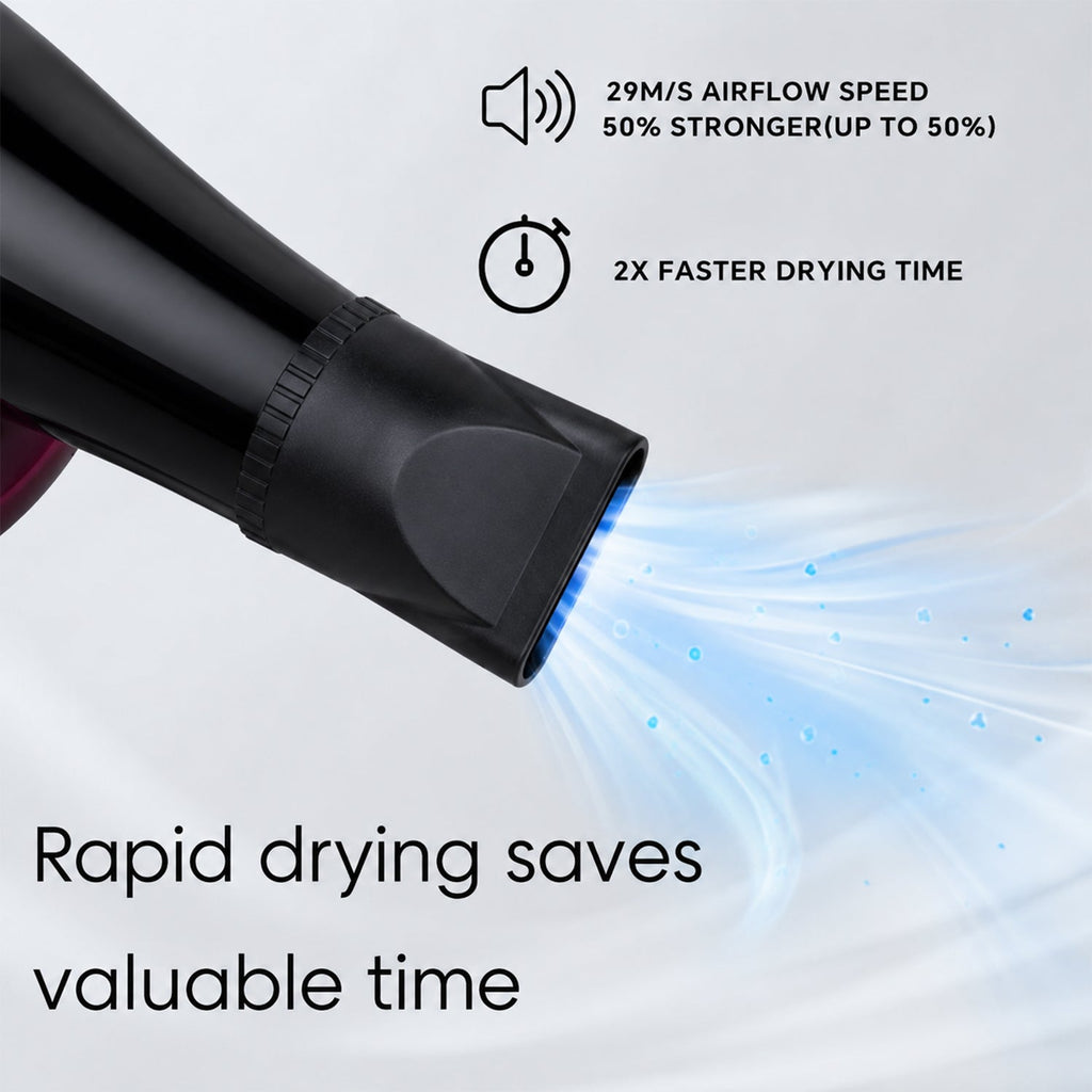 Close-up black and burgundy hair dryer with airflow nozzle effect