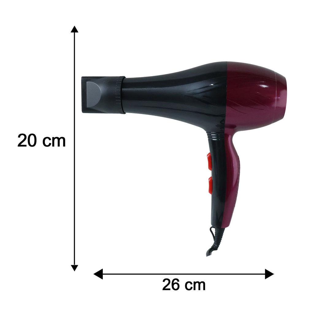 Black and burgundy hair dryer shown with size dimensions