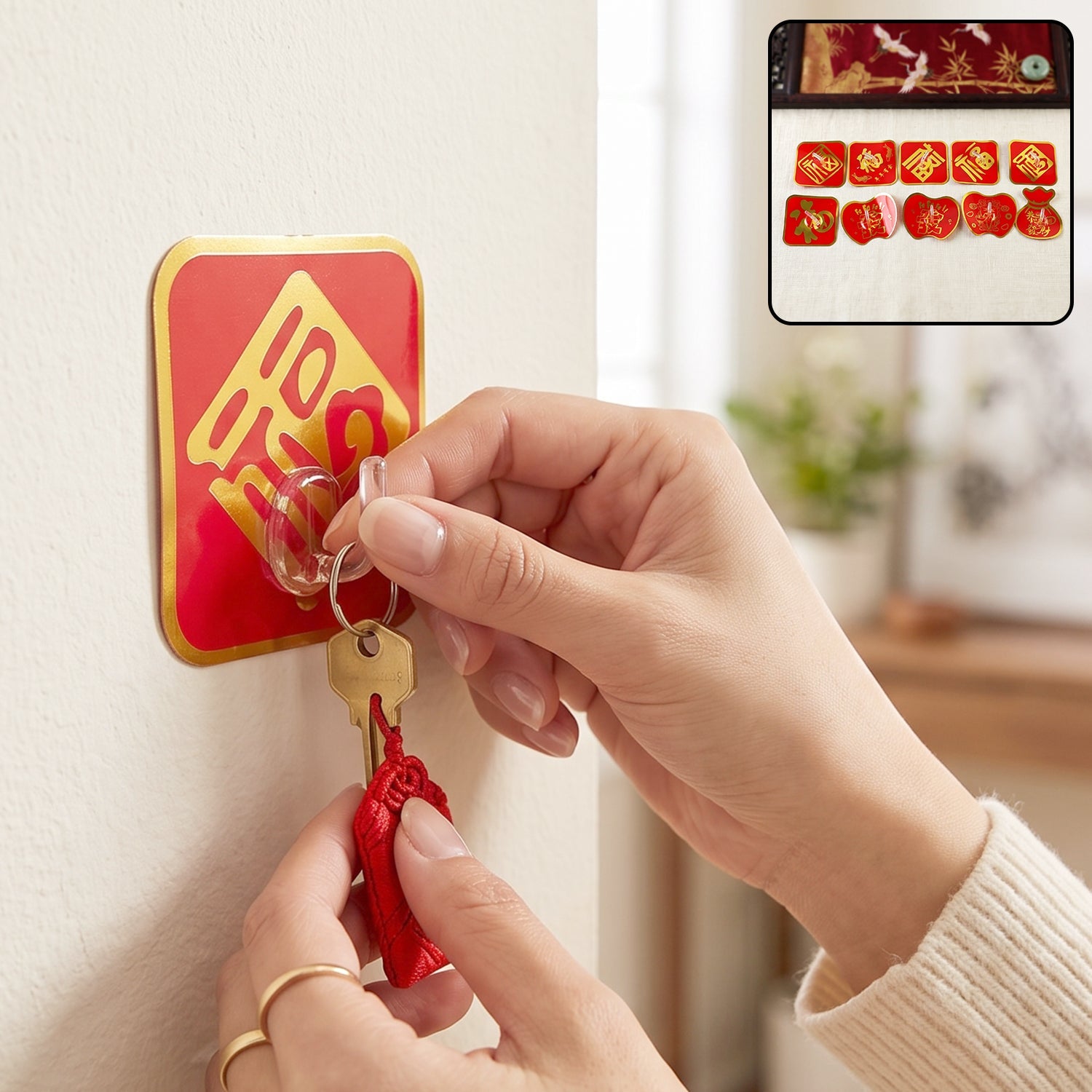Self-adhesive decorative key hook mounted with keychain charm, red gold design