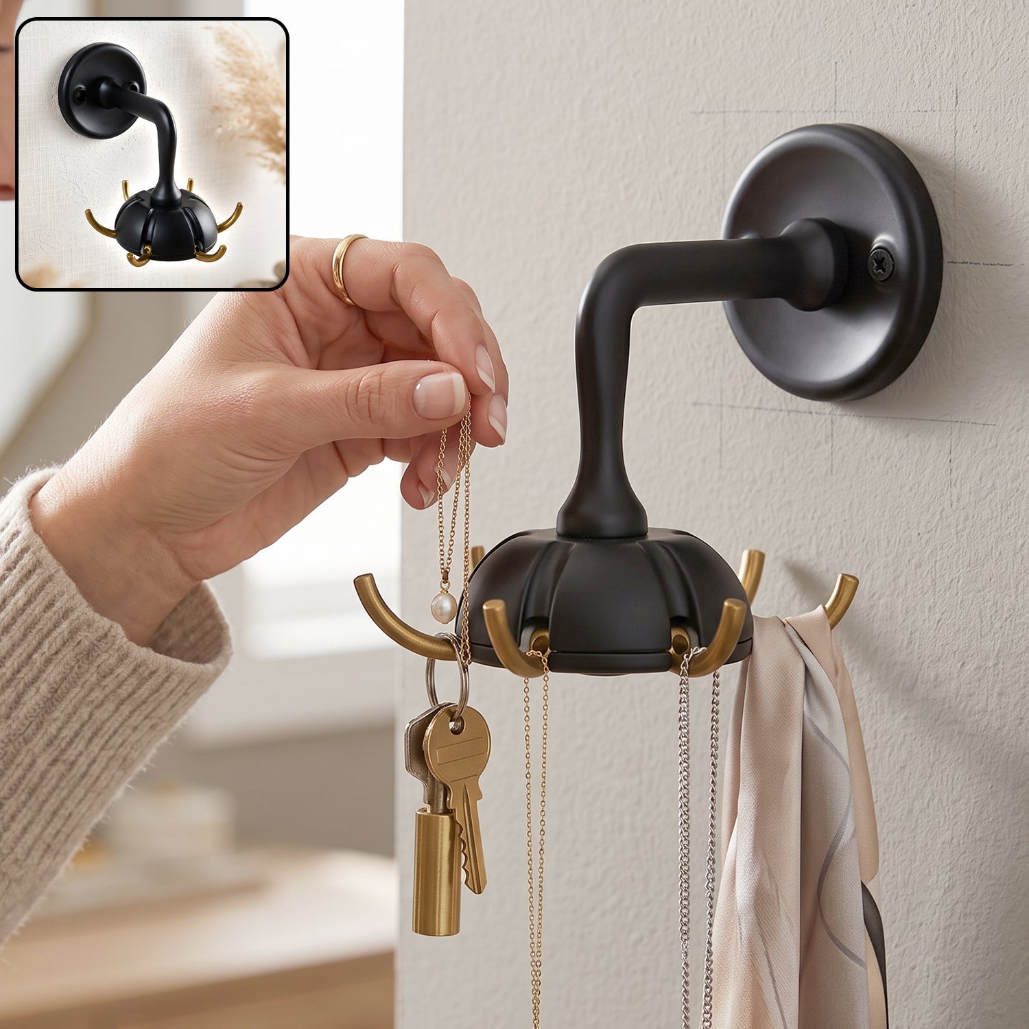Black wall mounted multi hook with three key holder arms and gold accents