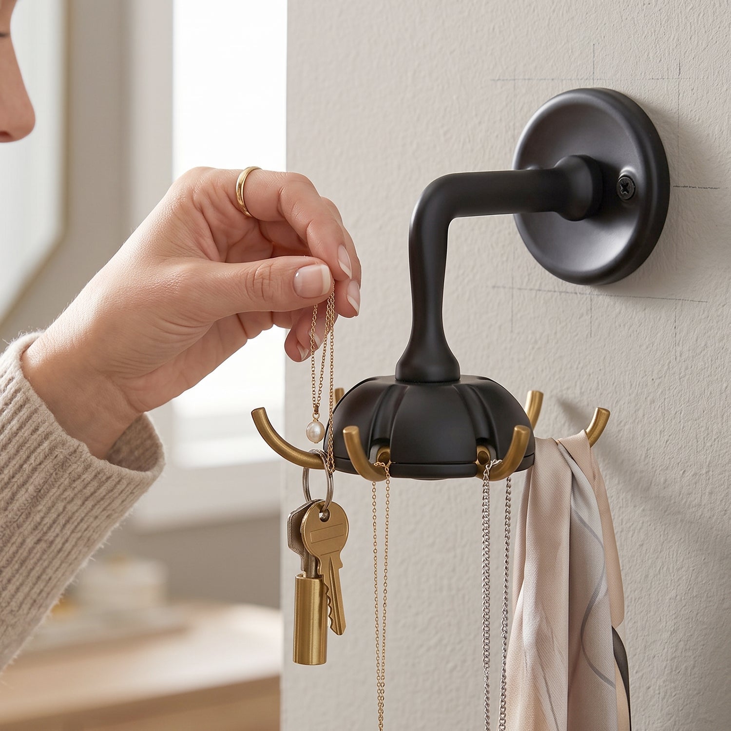 Black wall mounted multi key hook with hanging chain and gold-trimmed arms